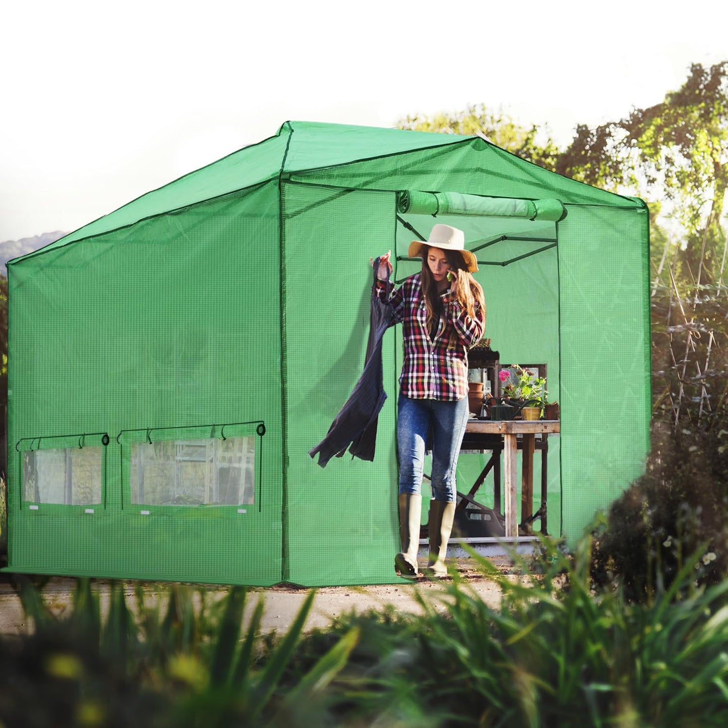 EAGLE PEAK 12x8 Portable Large Walk-in Greenhouse Instant Pop-up Fast Setup Indoor Outdoor Plant Gardening Green House Canopy, Front Roll-Up Zipper Entry Doors and Roll-Up Side Windows, Green