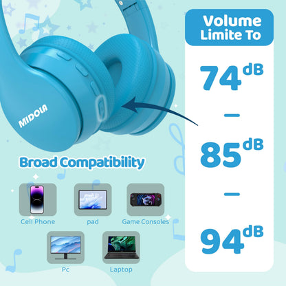 MIDOLA Kids Headphones Bluetooth 5.4 Wireless 68H Play Time Volume Limit 85/94dB Over-Ear Foldable Headset,Type-C Fast Charging,with Wired Aux Mic for Toddler Child Pad Tablet Blue