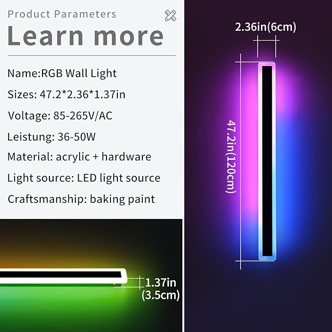 2 Pack Long LED Outdoor Wall Light, 47.2inch Dimmable Modern Wall Sconce, RGB Color Changing, IP65 Waterproof, Exterior Lighting Fixture for Porch, Patio, Garage, Yard, with Remote Control