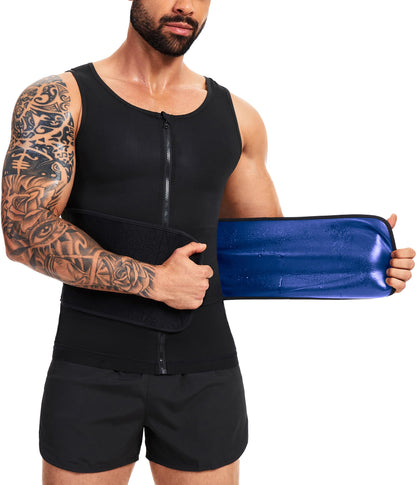 FUXERT Sauna Vest for Men Waist Trainer Sauna Shirt for Men Zipper Sweat Belt Tank Top for Belly Fat(BK L/XL)