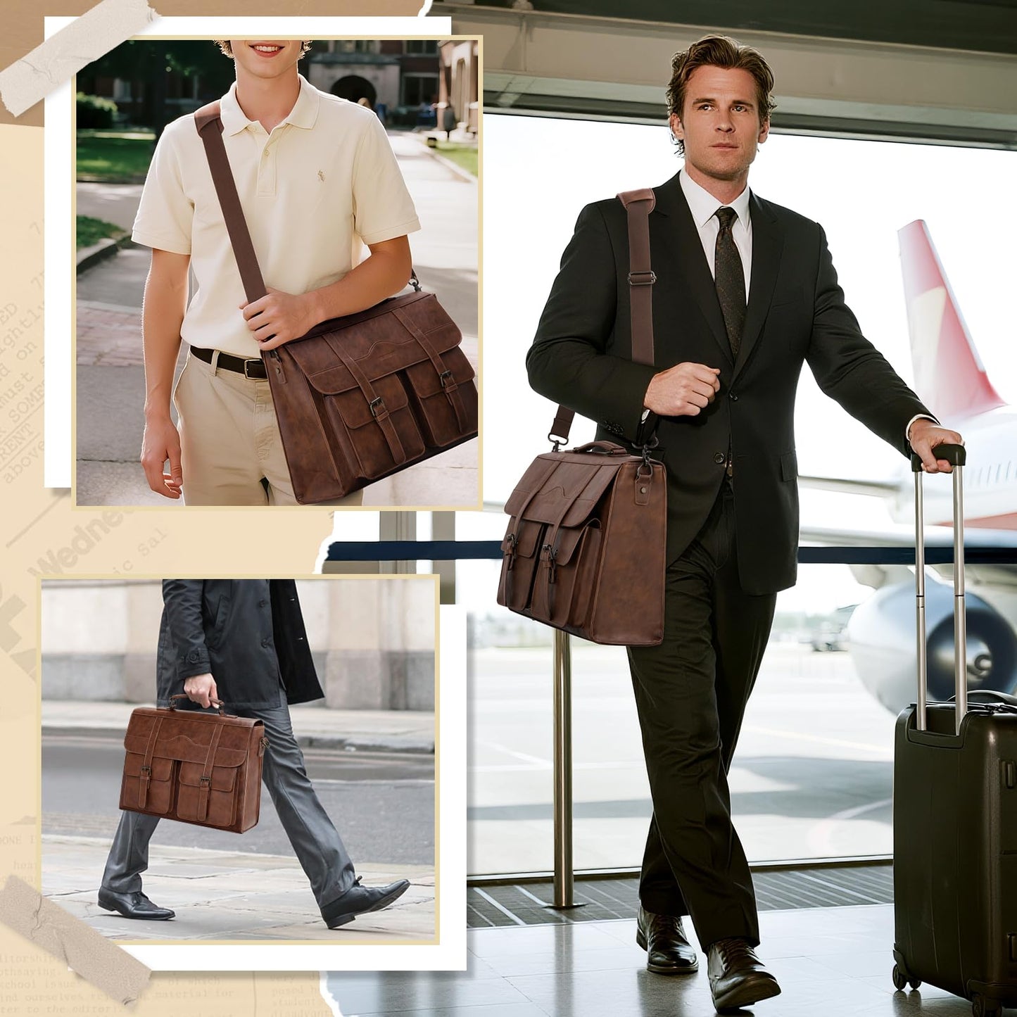 RAINSMORE Mens Messenger Bag 17 Inch Vintage Leather Laptop Briefcase Magnetic Closure Large Satchel Computer Shoulder Bag for Office Travel College, Brown