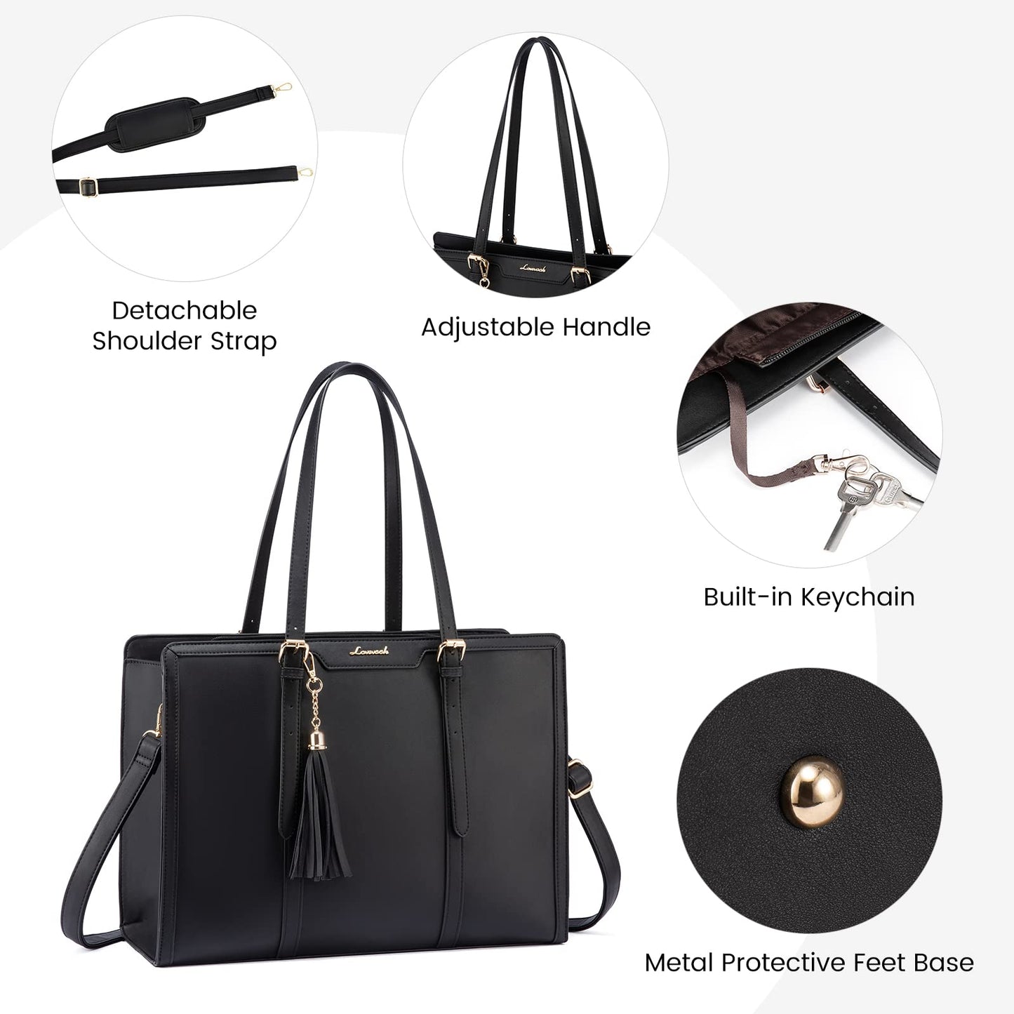 LOVEVOOK Laptop Bag for Women 17.3 Inch Lightweight PU Laptop Tote Bag, Large Capacity Computer bag with Clutch Purse for Business, Work, Office, Travel, School, Casual(Black & Leather)
