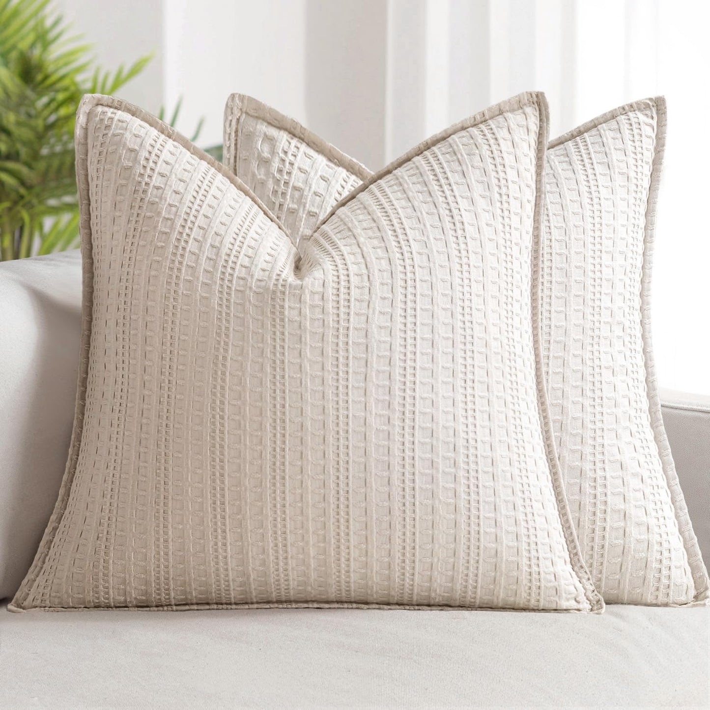 Woaboy Set of 2 Decorative 100% Cotton Waffle Throw Pillow Covers 18x18, Neutral Euro Shams Weave European Cushion Cases for Couch Sofa Bed Modern Farmhouse Home Decor, Cream