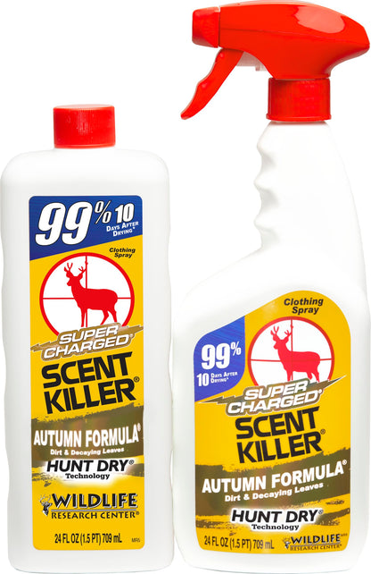 Wildlife Research Center Super Charged Scent Killer Autumn Formula Spray & Refill – Hunting Odor Eliminator with Scent of the Forest Floor – Works for Days – Deer (48 FL OZ Combo)