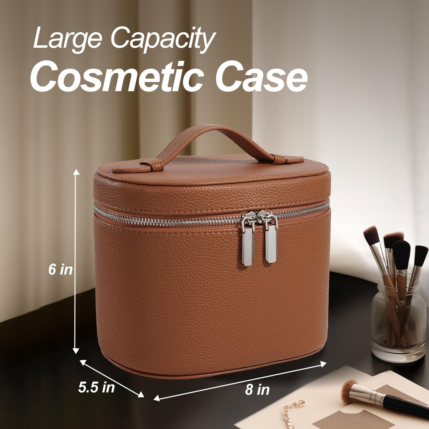 idoltimes Cosmetic Case, Leather Makeup Bag, Portable Handheld Makeup Case, Detachable Compartments