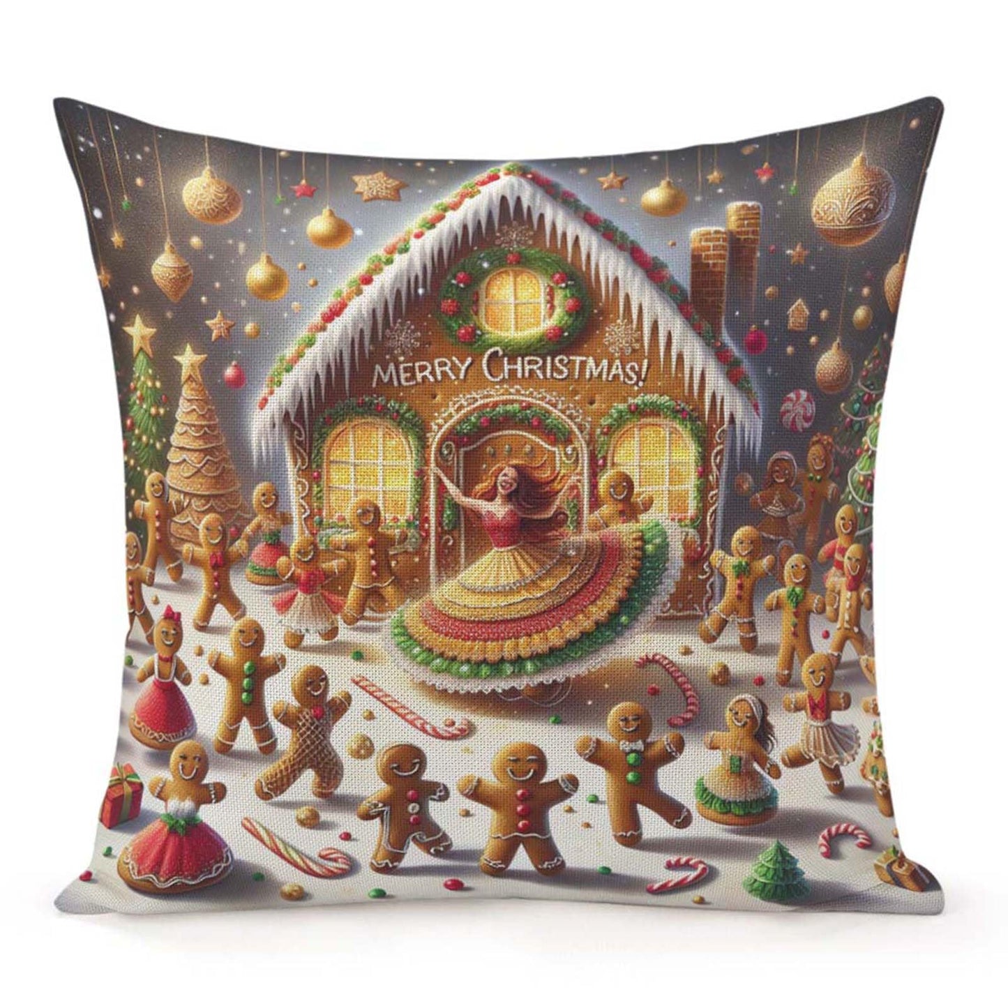 Jiaopenyou Throw Pillow Cover 20x20 Inch,Gingerbread Men in Gingerbread House Dancing with The Words Merry Christmas Throw Pillow Case,Home Decor Cushion Covers for Sofa Living Room Couch Bed