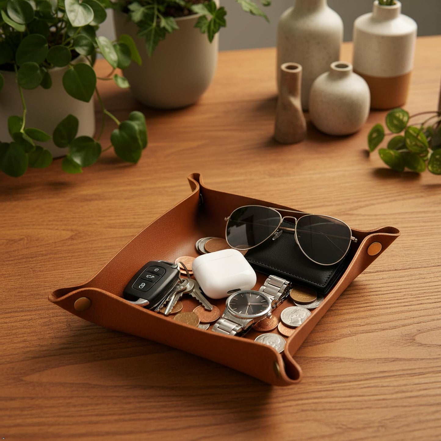 Northwind Personalized Leather Valet Tray – Made in USA - Custom Monogramed Full Grain Leather Catchall Tray for Men, Desk Organizer & Groomsmen Gift, Perfect Storage for Nightstand, Dresser