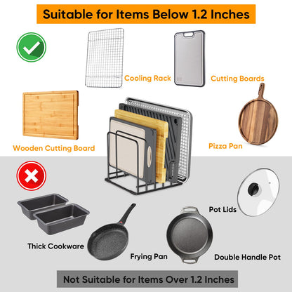 Kitchen Organizer Rack - 5-Slot Heavy-Duty Cutting Board and Bakeware Holder, Rust-Resistant with Anti-Slip Feet for Countertop or Cabinet Storage