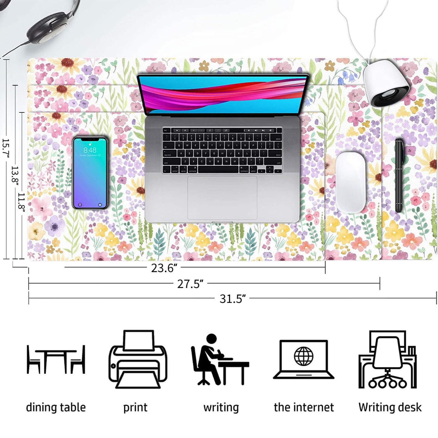 Flower Large Mouse Pad, Floral Desk Matt for Desktop, PU Leather Waterproof Desk Pad, Computer PC Laptop Protector Gaming Mouse Pads for Women Office Decor (31.5" x 15.7")