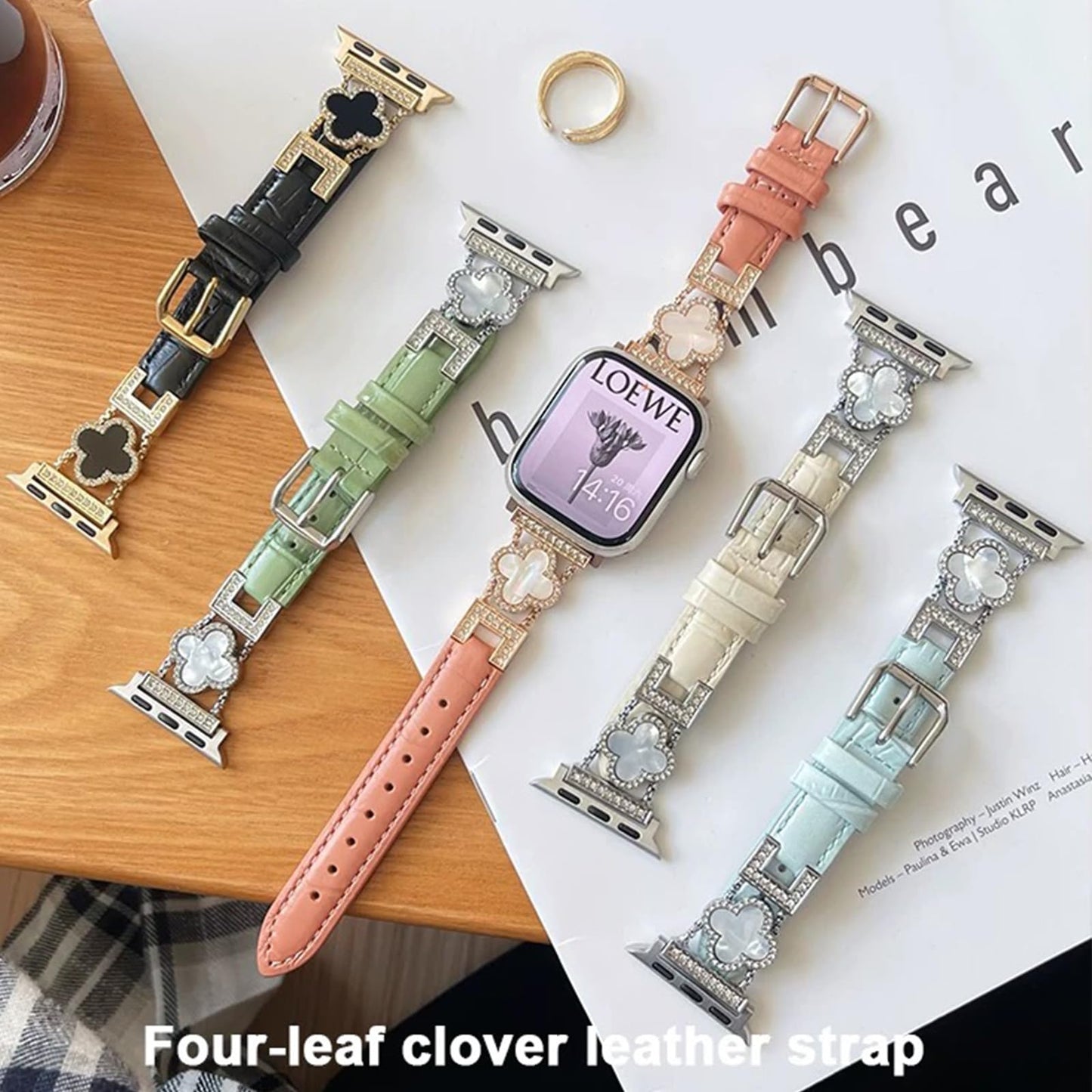 Nixiamy Four-Leaf Clover Thin Leather Bands Compatible with Apple Watch Bands 38/40/41/42mm,Alligator Leather Bracelet for Apple Watch Watch Series 10 9 8 7 6 5 4 3 2 1 SE Ultra for Women
