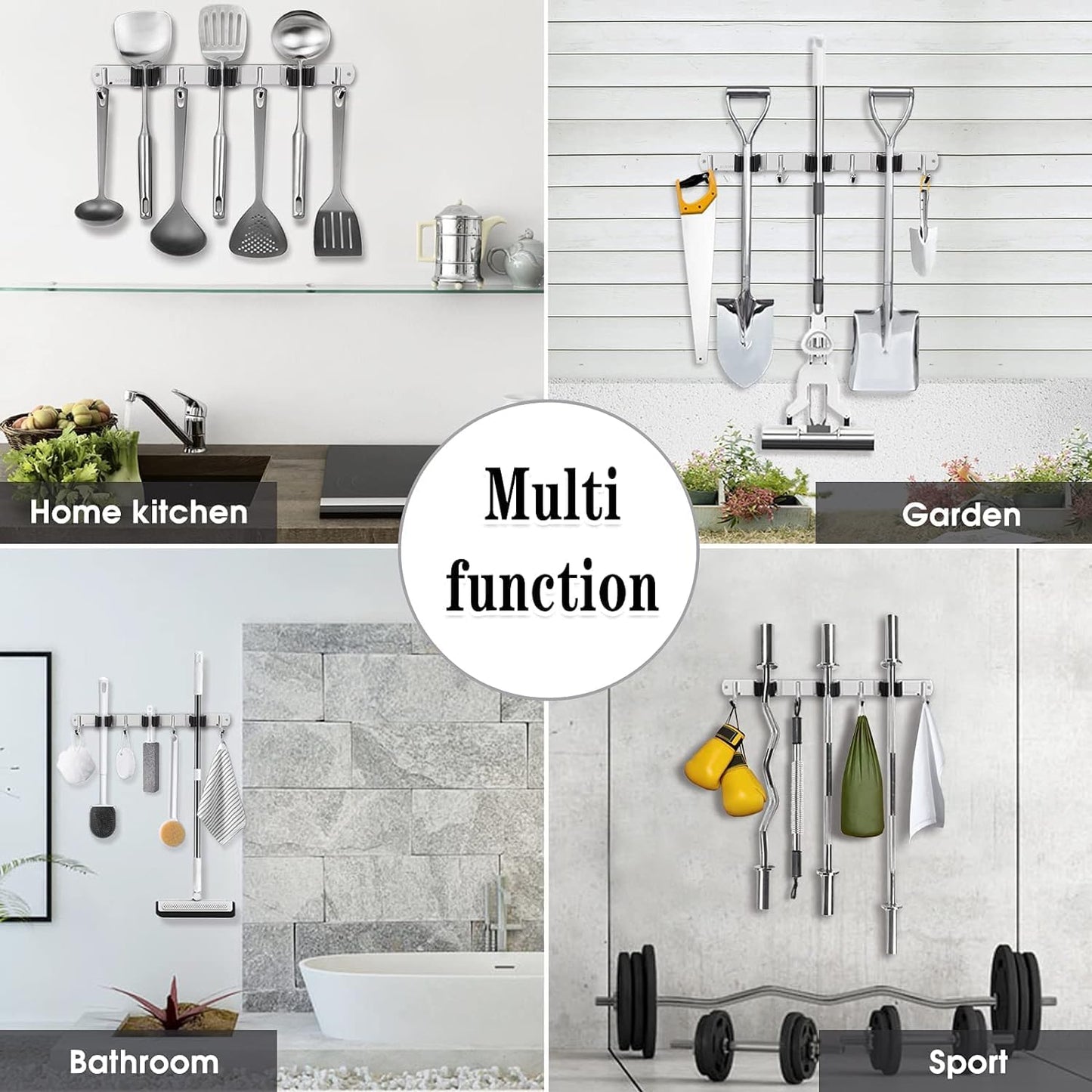 2 Pack 3 Racks and 4 Hooks Broom and Mop Holder Wall Mounted Garage Organizer Storage Tool Racks Stainless Steel Heavy Duty Hooks Self Adhesive Solid Non-slip Wall Hangers for Home Kitchen Garden