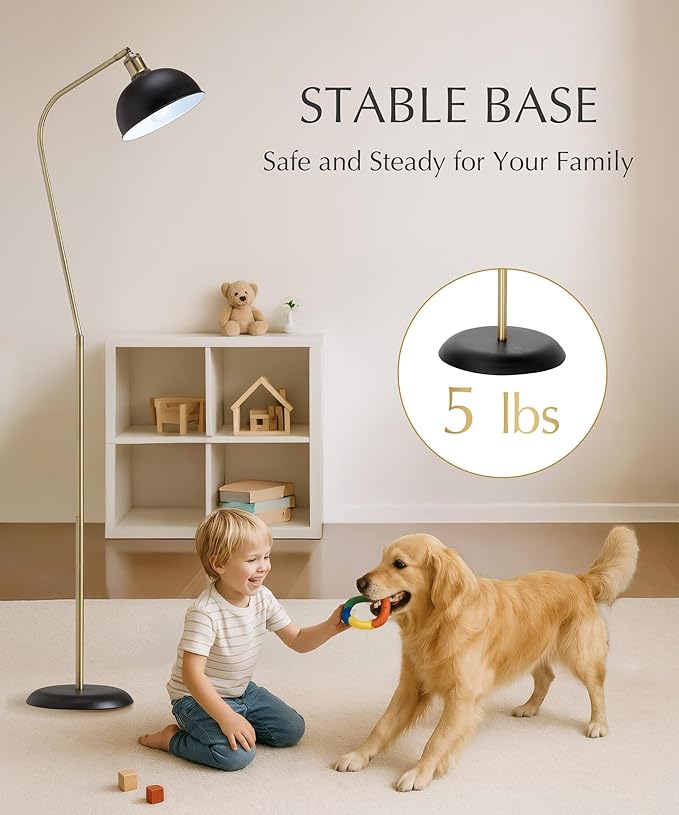 HarvestLand Halo Brass Floor Reading Lamp – Adjustable Modern Reading Light Floor Lamp with Solid Base, Reading Lamps Floor Standing, Black Stand Up Lamps for Living Room or Over Chair Use, Bedroom