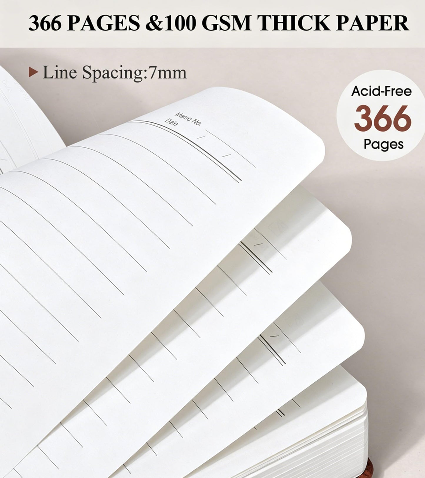 PAIBAS A5 Leather Lined Journal Notebook, 5.9"x8.4" 366 Pages 100GSM College Ruled Hardcover Diary with 3 Ribbon Bookmarks, Brass Snap & Front Pocket, Journals for Writing Work Travel Men Women