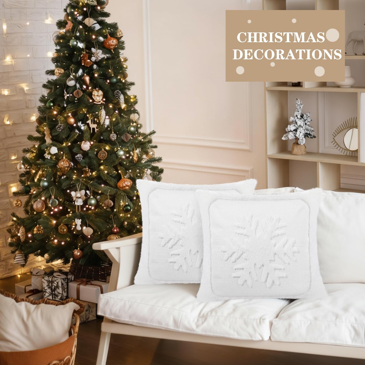 Newwiee Christmas Throw Pillow Covers 18x18 Inch Set of 2 Snowflake Pillow Cases Soft Plush Faux Fur Couch Cushion Case for Chair Sofa Bedroom Living Room Home Decor (White)
