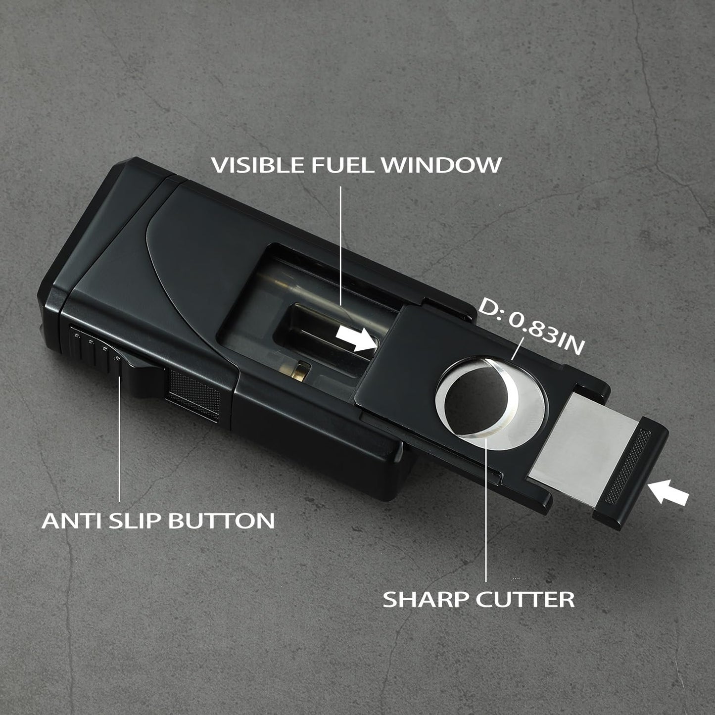 All in One Triple Jet Flame Butane Torch Lighter, Built-in Cutter, Cutter V Cut, Punch, Holder Function, Draw Enhancer Tool, Refillable and Adjustable Windproof Lighter. Black(Sold Without Gas)