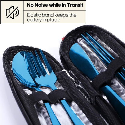 Travel Utensils with Case, Quatish Portable Silverware Set for Work, Stainless Steel Reusable Travel Cutlery, Fork and Spoon Set for Camping, Picnic, Gadgets, Lunch Box for Men, Christmas Gift, Blue