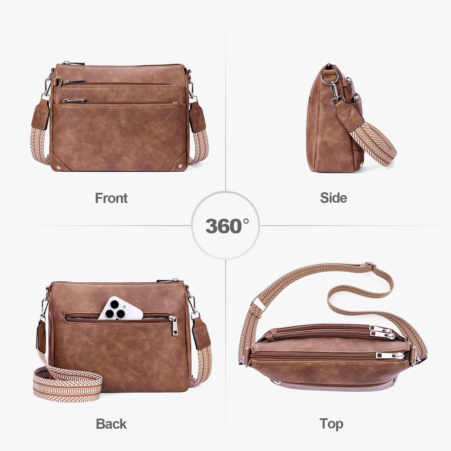 Lexiyat Crossbody Bags for Women Rfid Travel Crossbody Purses Leather Roomy Handbags Medium Shoulder bag with Adjustable Strap Brown
