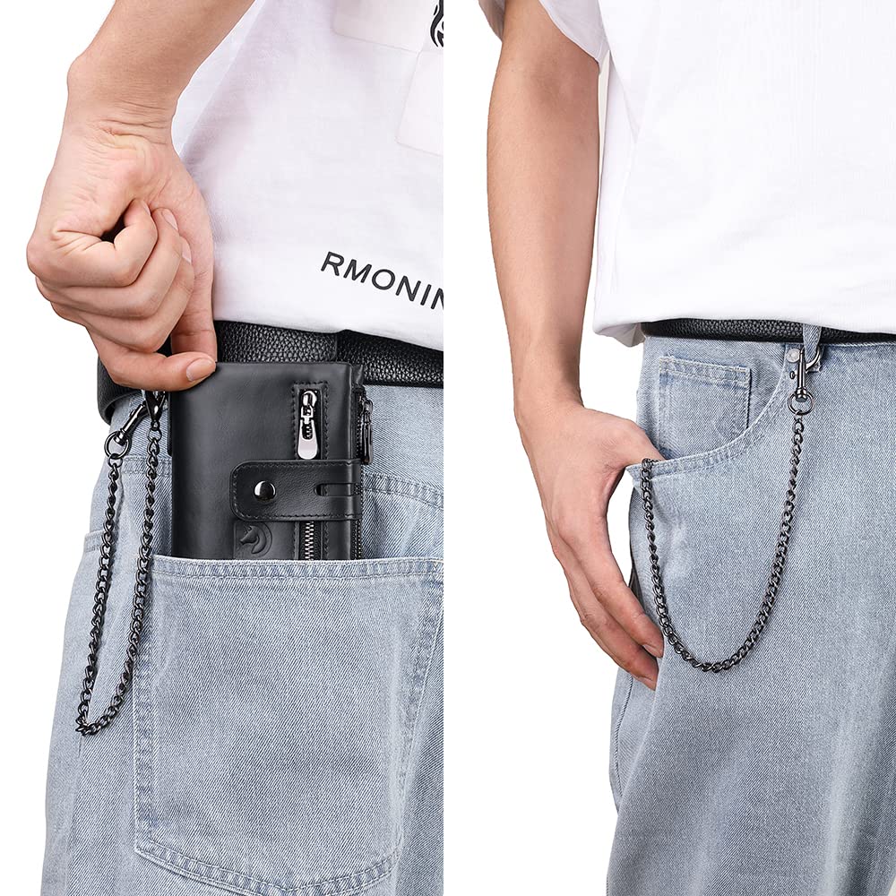 Mens Wallet with Chain Genuine Leather Purse RFID Blocking Bifold Double Zipper Coin Pocket with Anti-Theft Chain