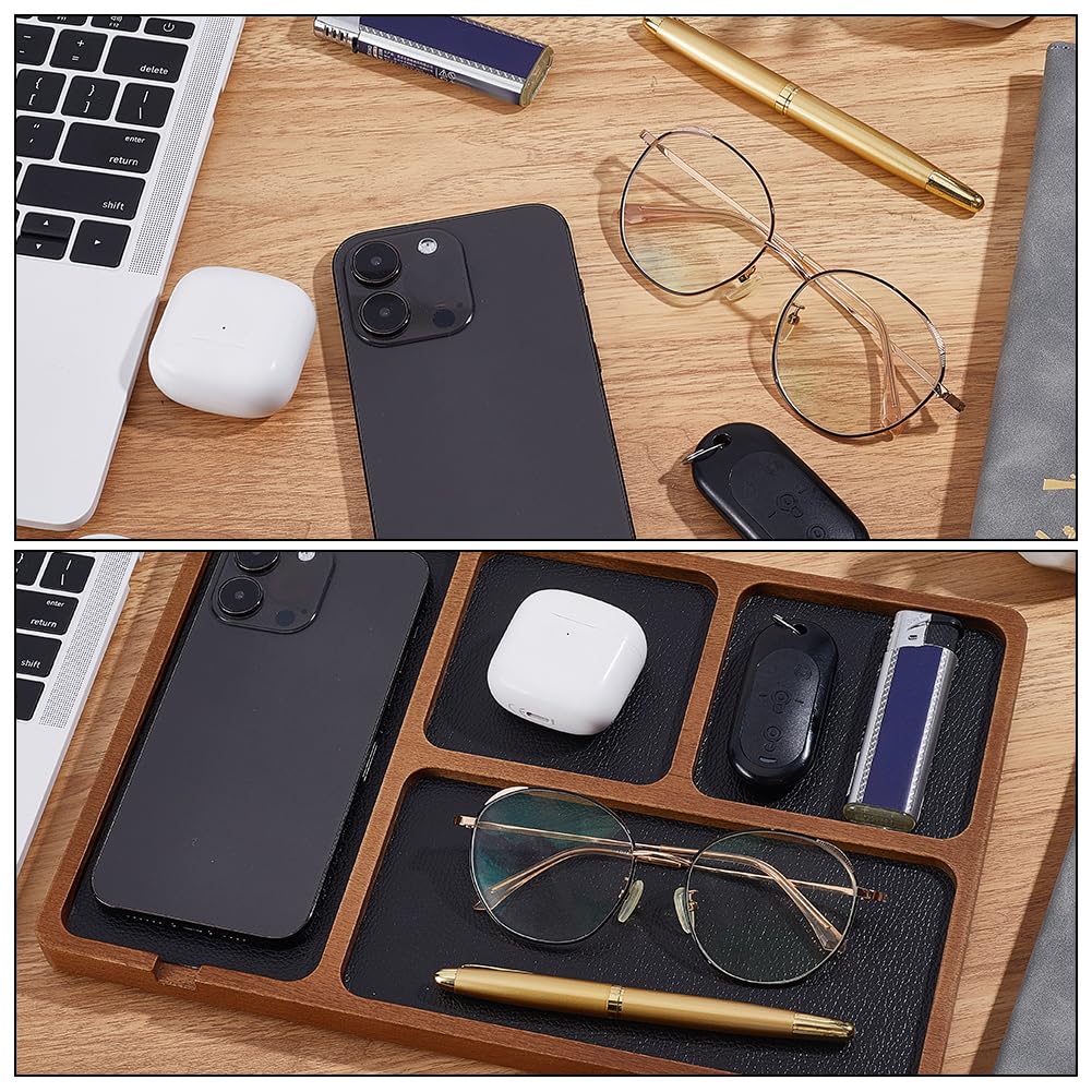 HOBBIESAY Wooden Valet Tray with PU Leather Inlay Wood Storage Organizer Tray with 4 Compartment Nightstand Desktop Storage Organizer for Phone Earbud Key Jewelry Table Organizers