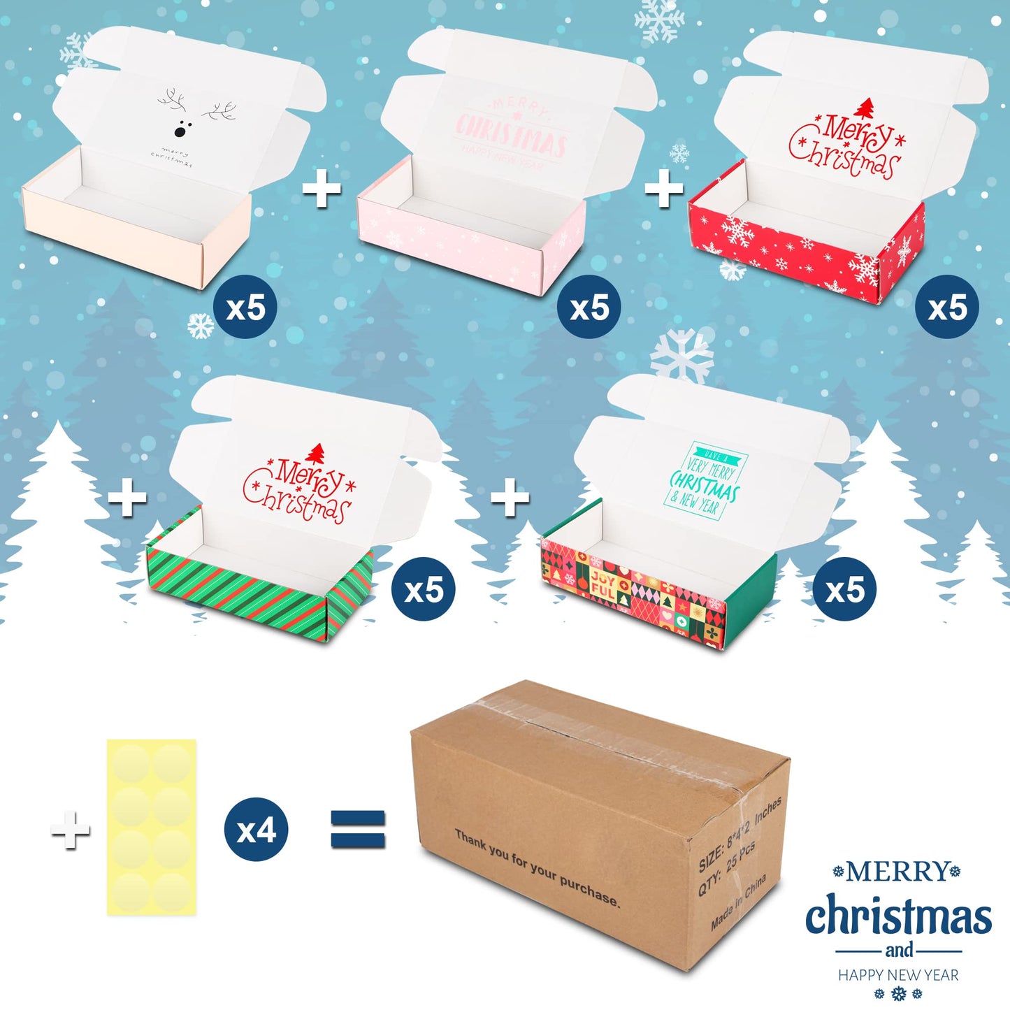 TONESPAC 25 Pack 8x4x2 inch Small Christmas Gift Box with Lid, Recyclable Corrugated Cardboard Shipping Boxes for Small Business,Gift Packaging,Specially Designed Box. (8"x4"x2",Xmas Mix Pattern)