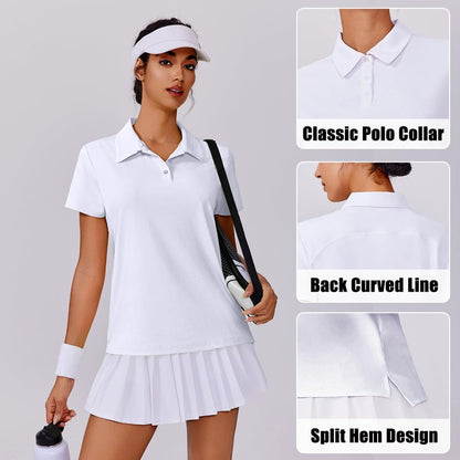 PINSPARK Polo Shirts for Women Short Sleeve Golf Shirt Lightweight Tennis Sport Tops Quick Dry Athletic T Shirt Side Slit Collared Workout Top, White Large