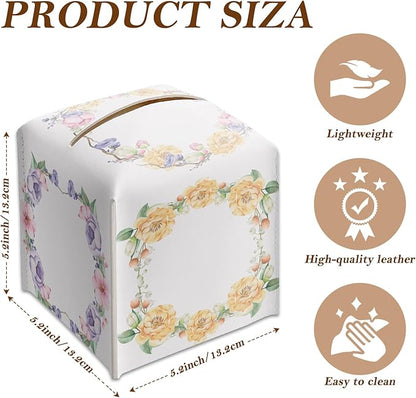 Yellow Floral Wreath Tissue Box Cover Square, Leather Tissue Holder with Bottom Belt, for Nightstands Desks Office Bathroom Car Vanity Home Decor Supplies -023