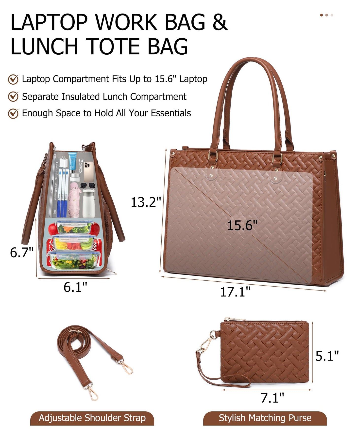 BAVERGE Lunch Tote Bag for Women, Vegan Leather 15.6” Laptop Bag with Insulated Compartment Quilted Purse for Work Teacher Nurse