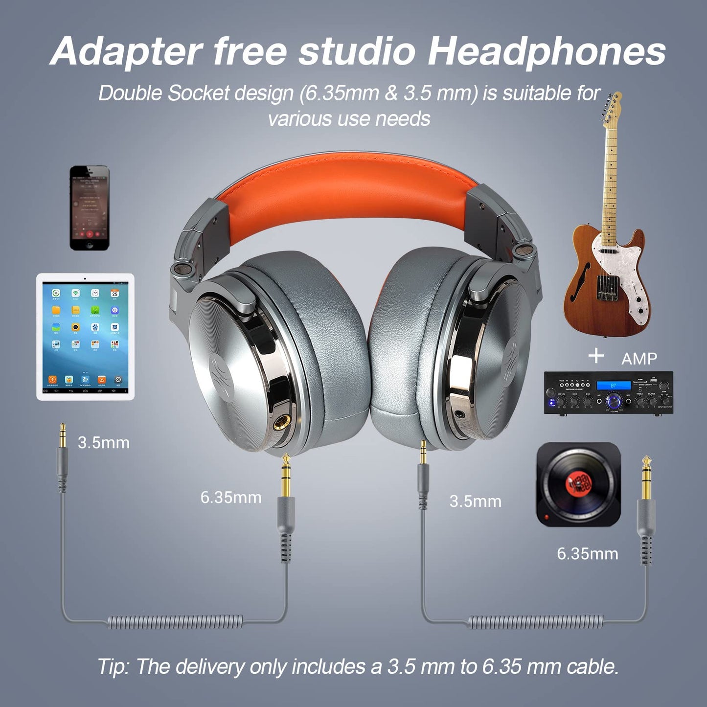 OneOdio Hi-Res Over Ear Headphones for Studio Monitoring and Mixing, Sound Isolation, Protein Leather Earcups, 50mm Driver Unit, Wired Headphones for AMP Guitar Keyboard (Pro-50 Metallic Blue)