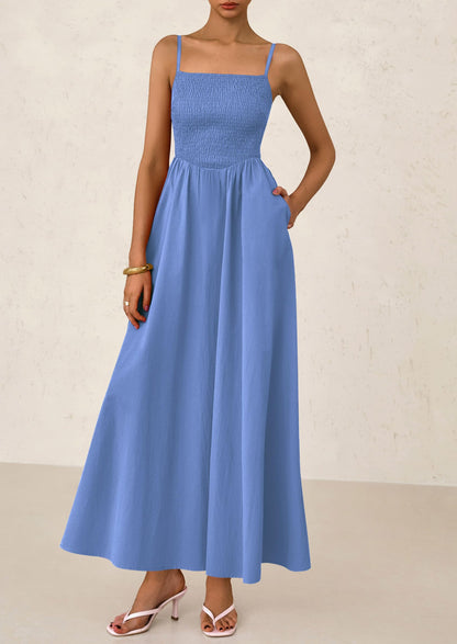 PRETTYGARDEN Women's Smocked Maxi Dresses 2025 Summer Beach Sundress Casual Spaghetti Strap Swing A Line Long Flowy Dress (Blue,Small)