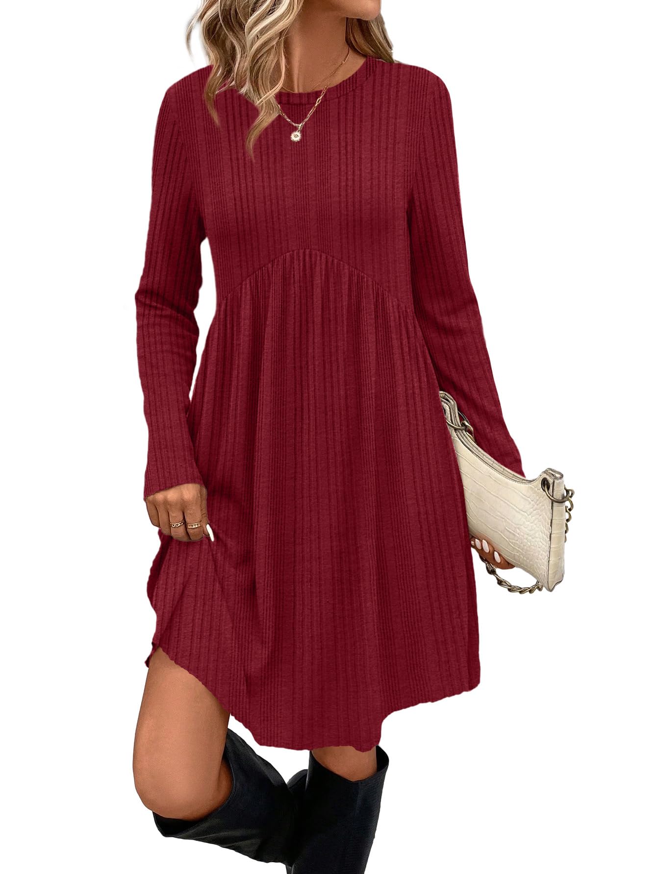 OFEEFAN Long Sleeve Dress for Women Crew Neck Empire Waist Tunic Dress with Pockets