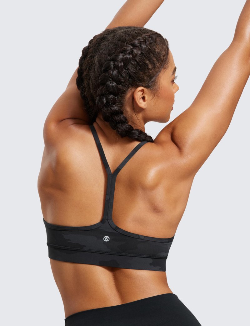 CRZ YOGA Butterluxe Y Back Sports Bras for Women - Padded Racerback Low Impact Spaghetti Thin Strap Workout Yoga Top Dark Grey Camouflage 2 X-Large