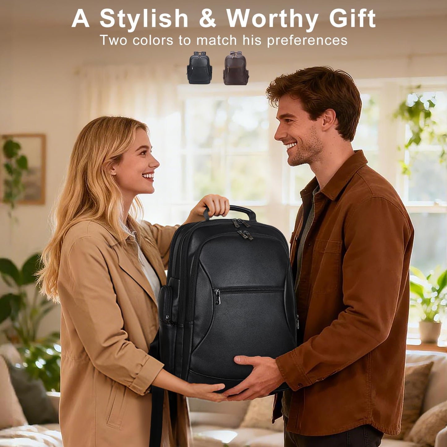 TIDING Genuine Leather Backpack for Men Large Capacity 17.3 Inch Laptop Bag Black Waterproof Business Work Travel Daypack
