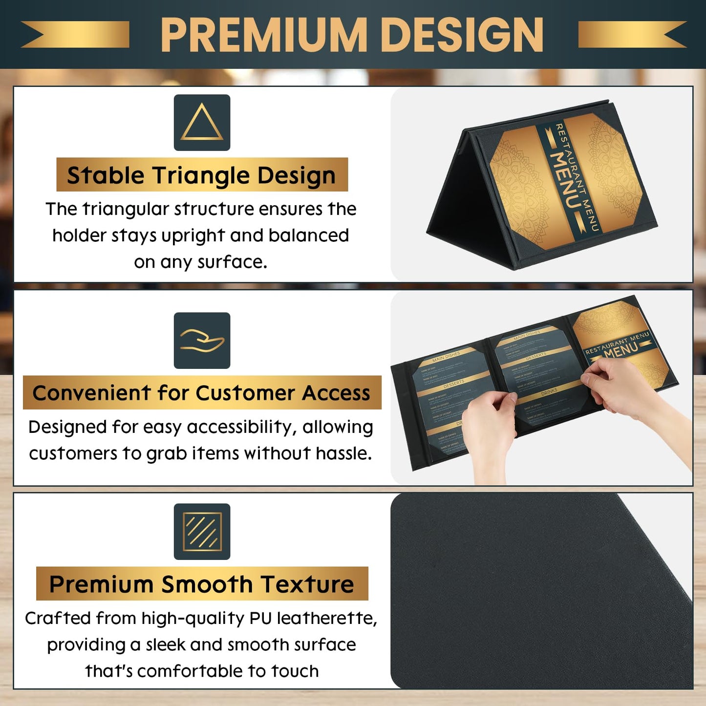 AMGSH 20 Pack 5" × 7" Table Tent Menu Covers, Leatherette PU Leather 3-Side Triangle Picture Frames with Angled Corners, Triangle Menu Holders for Restaurant Coffee Cafe Bar Drink Dessert