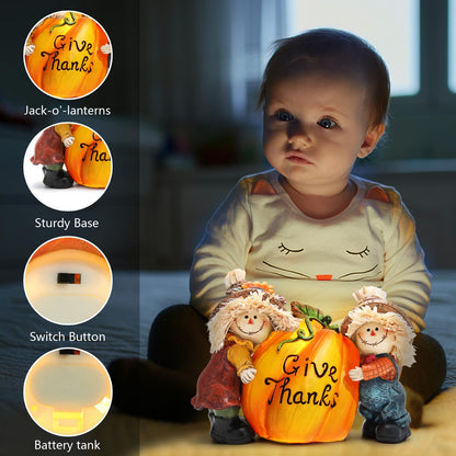 Hodao Fall Thanksgiving Resin Scarecrow Pumpkin Figurines - Adorable Scarecrow Embrace Pumpkin Decorations for Home Indoor Table Decor-Fall Thanksgiving Gifts