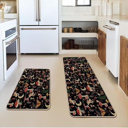 Artoid Mode Black Mushrooms Butterfly Spring Kitchen Mats Set of 2, Home Decor Low-Profile Kitchen Rugs for Floor - 24x35 and 24x59 Inch