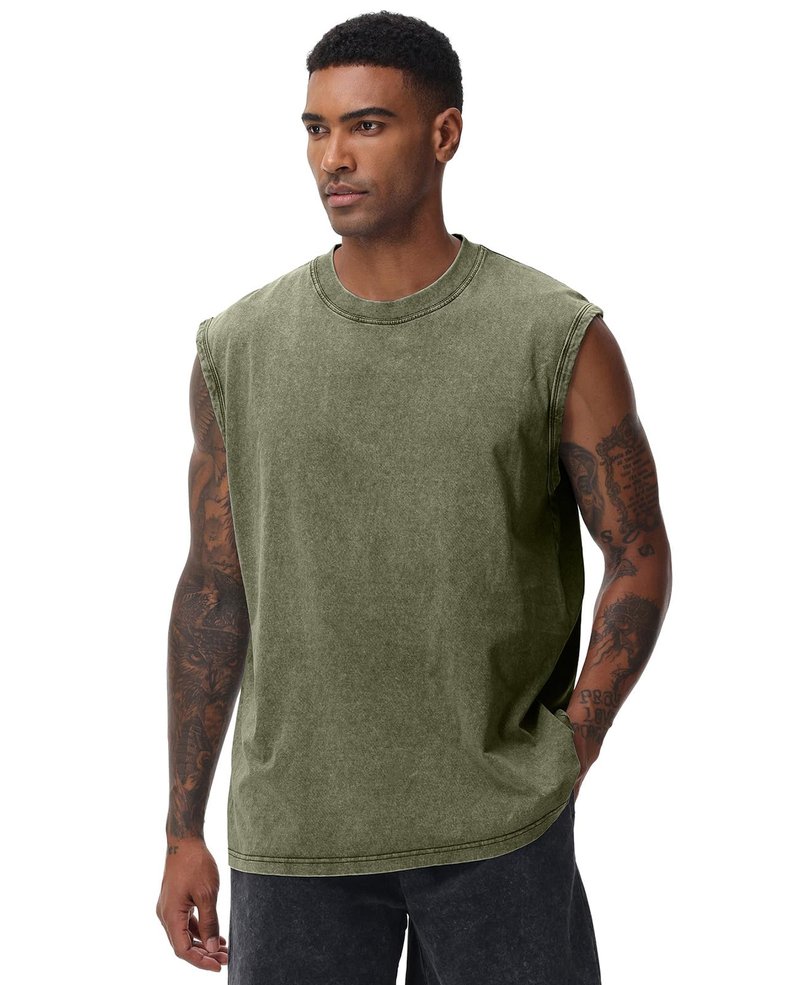 SnowElve 3 Pack Mens Workout Tank Tops Sleeveless Tee Shirts Men Muscle Shirt Gym Acid Wash T Shirts Running Beach Loose Fit Tee(BKAGAC,L)