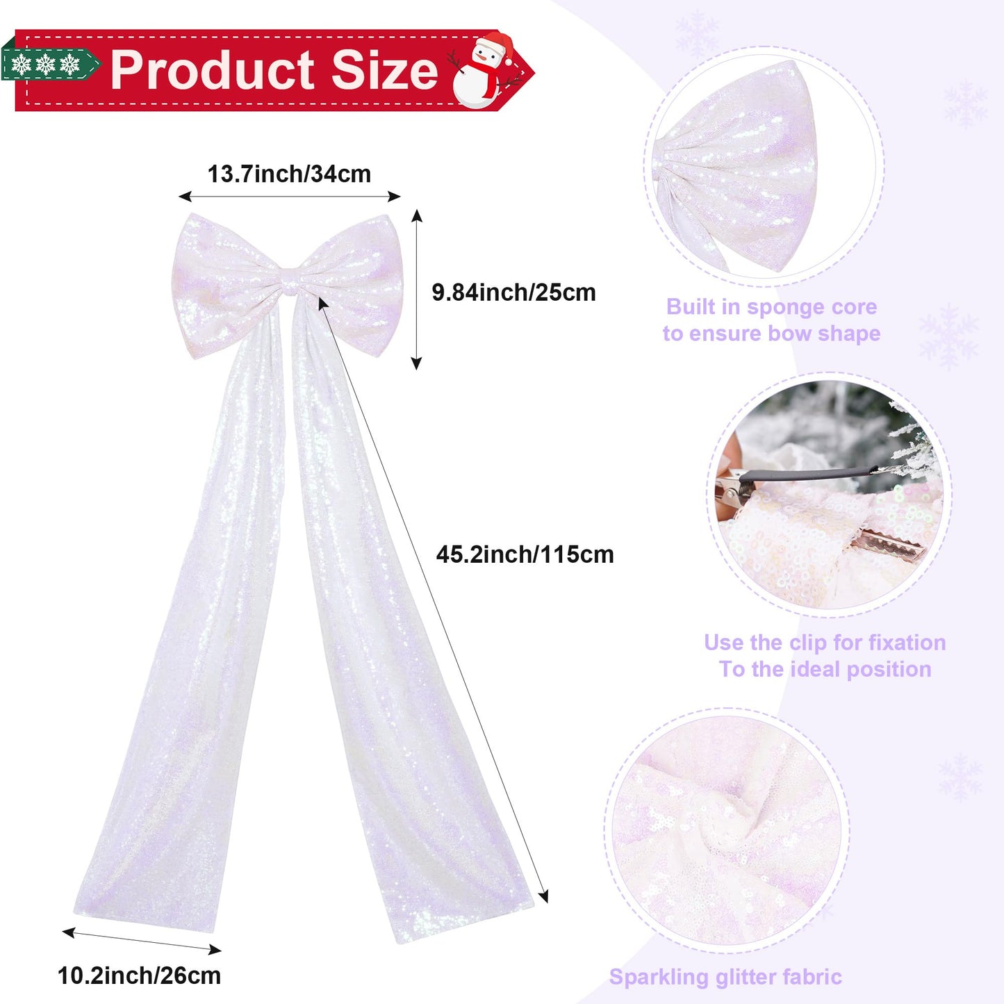 PartyDelight Large Christmas Tree Topper Bow White Iridescent Sequin 16x47 Inchs Big Decorations Bow for Window Wall Home Room Party Xmas Decoration