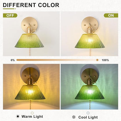 Plug in Wall Sconce, Vintage Sconce Light with Gradient Green Glass Lampshade, 180° Adjustable Wall Sconce with Switch and Plug in Wall Lamp Cord, Gold Wall Light for Bedroom Bedside