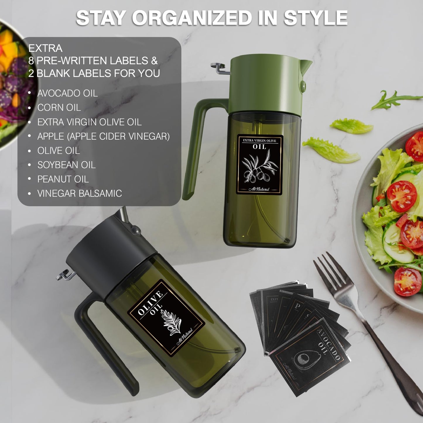 2-IN-1 500ml/17oz Light-Blocking Dark Oil Sprayer for Cooking with Sticker, Dark Green Glass Olive Oil Dispenser Bottle for Kitchen, Even Spray with Portion Control, Perfect for Air Fryer, BBQ - Black