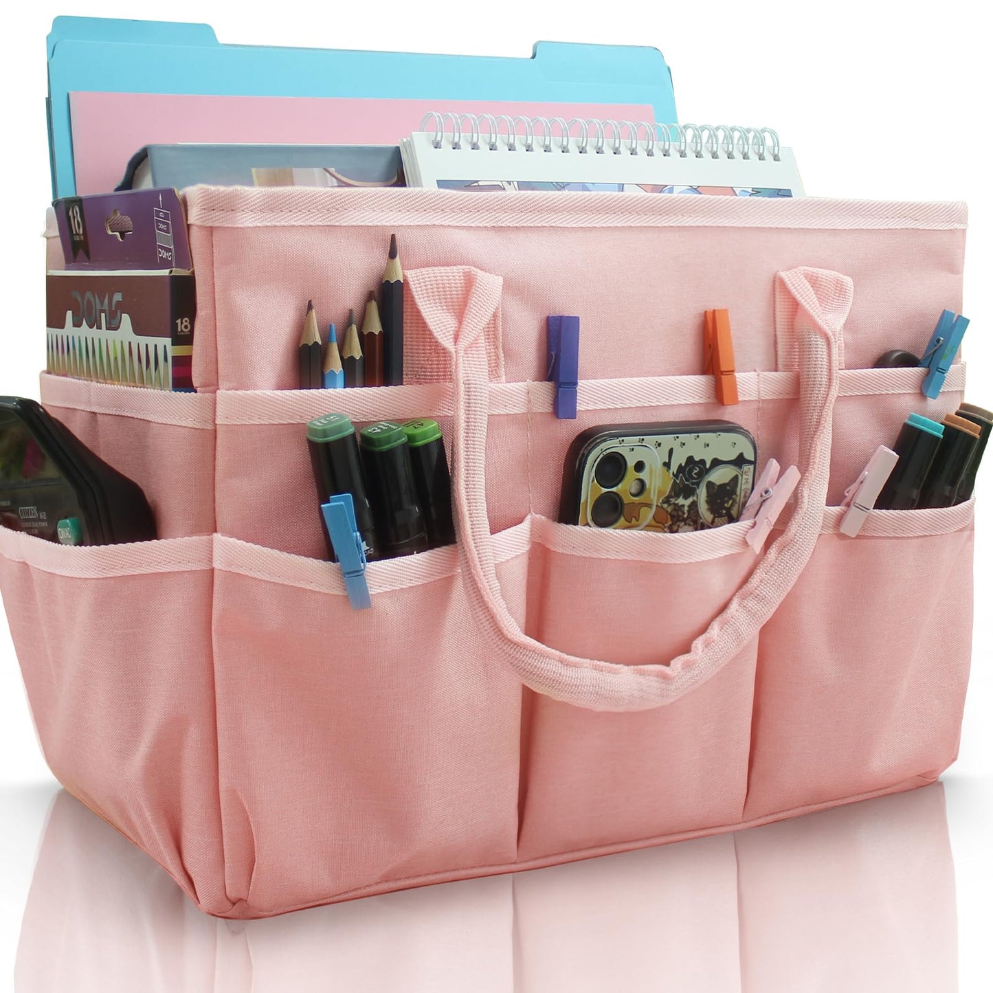 Cupohus Art Organizer Craft Storage Tote Bag with Pockets and Handles, Oxford Fabric Carrying Caddy for Teacher, Officer, Artist, Traveler, and more –Pink