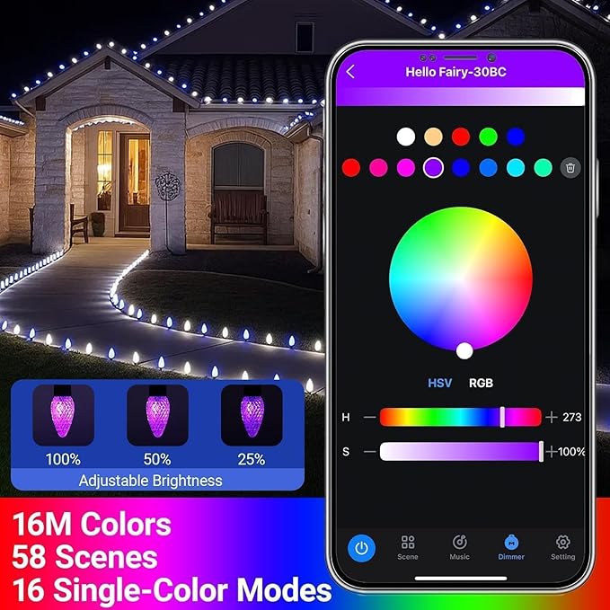 Smart C9 Christmas Lights Outdoor, 82FT 100 LED RGB with Remote,App Bluetooth Music Sync, DIY Scenes & Timers, Connectable to 198FT, IP44 Waterproof Roofline Eaves Porch Fence Decorations