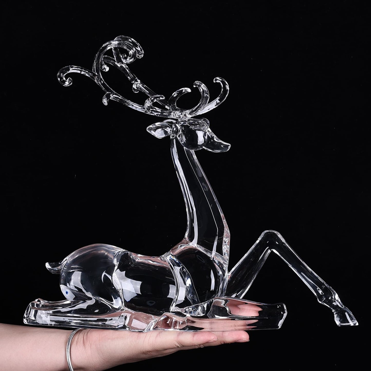 LINYTHER Large Luxury Clear Acrylic Reindeer Figurine for Christmas Decor, Elegant Transparent Crystal-Like Deer Sculpture for Table, Shelf, and Decorative Centerpiece (White Sitting 11.4")