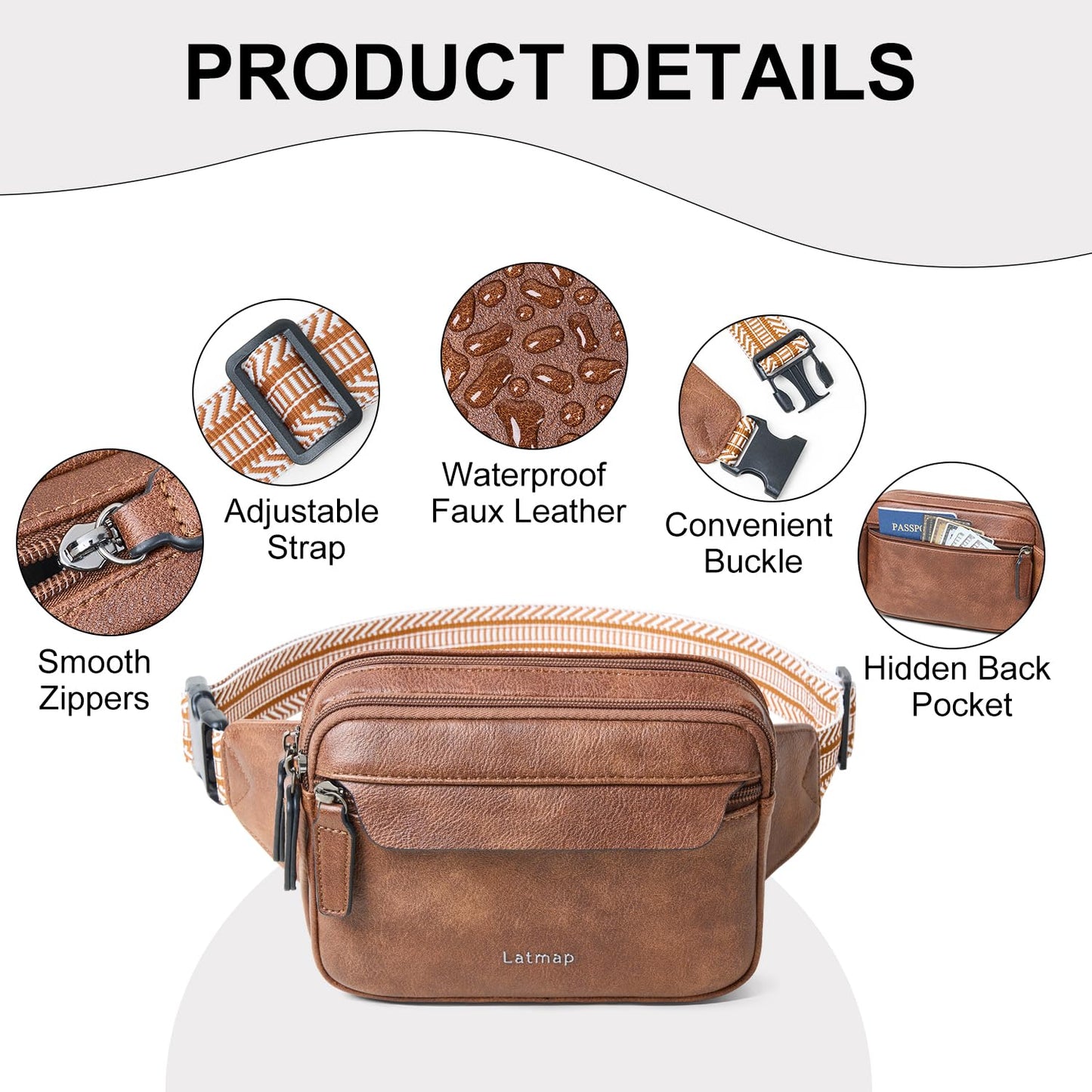 LATMAP 3L Fanny Packs for Women Cross Body Bag Vegan Leather Chest Belt Bag Fashion Waist Pack Small Bum Bag Crossbody for Travel Running Workout, Brown