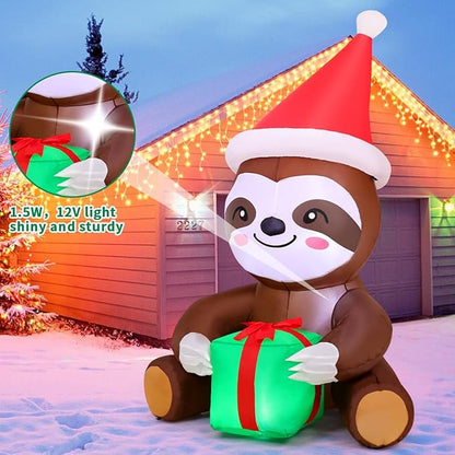 COMIN 5.9 FT Christmas Inflatables Outdoor Decorations Inflatable Sloth Holding Present Box Blow ups with Built-in LEDs for Yard Party Lawn Decor