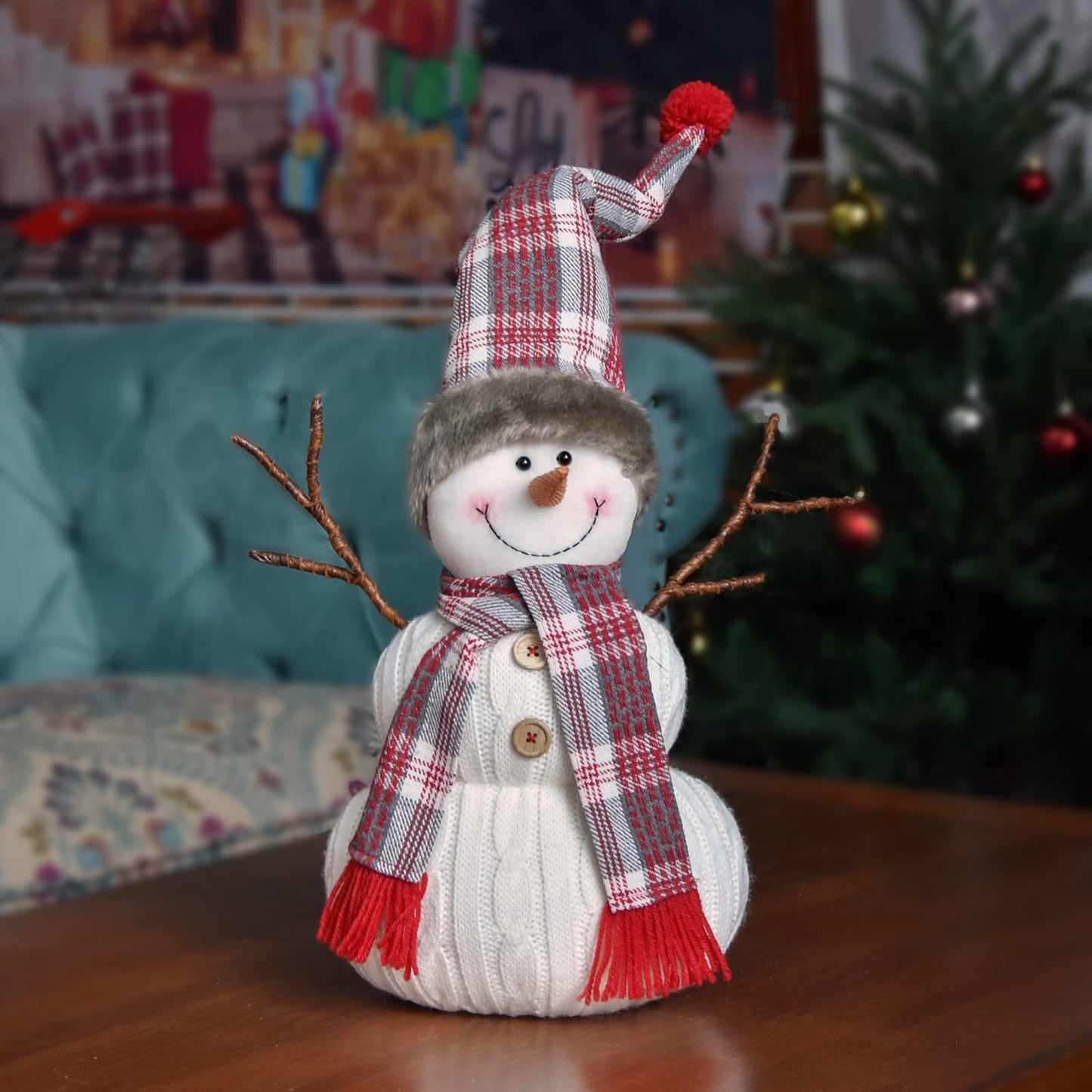 WORLDECO Christmas Cute Snowman Indoor Decorations Handmade Gift, Animated Xmas Snowman Plush Bedroom Home Ornament,Holiday Party Presents, White 20 inch