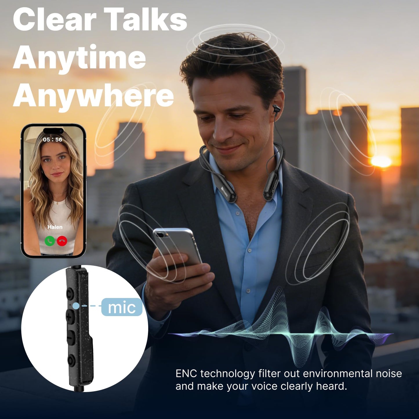 Hmusic H25 Neckband Bluetooth Headphones 200hrs Long Battery Life, Wireless Earbuds Bluetooth 5.4, IPX5 Waterproof, Around The Neck Headphones w/ENC Mic, for Work/Cycling/Game/Gym/Long Trips