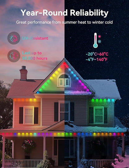 Permanent Outdoor Lights for House, RGB+IC IP67 Waterproof Smart Eave Lights 100ft with 50 LED, Eternity Lighting for Holiday Daily Decor, Work with Remote, APP