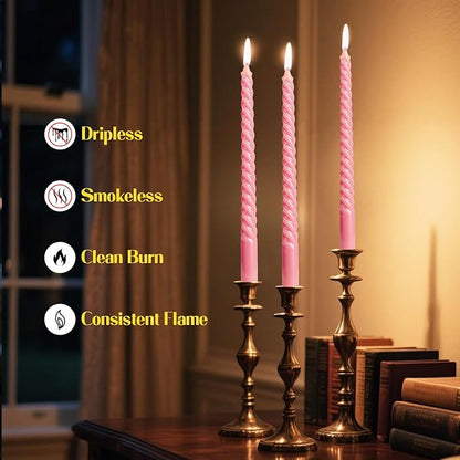 Tobeape Pink Twisted Taper Candles Set of 12, 10 Inch Tall Unscented Dripless, Smokeless Spiral Tapered Candlestick for Wedding Home Décor Dinner Birthday Party Valentine's Day - 8 Hour Long Burning