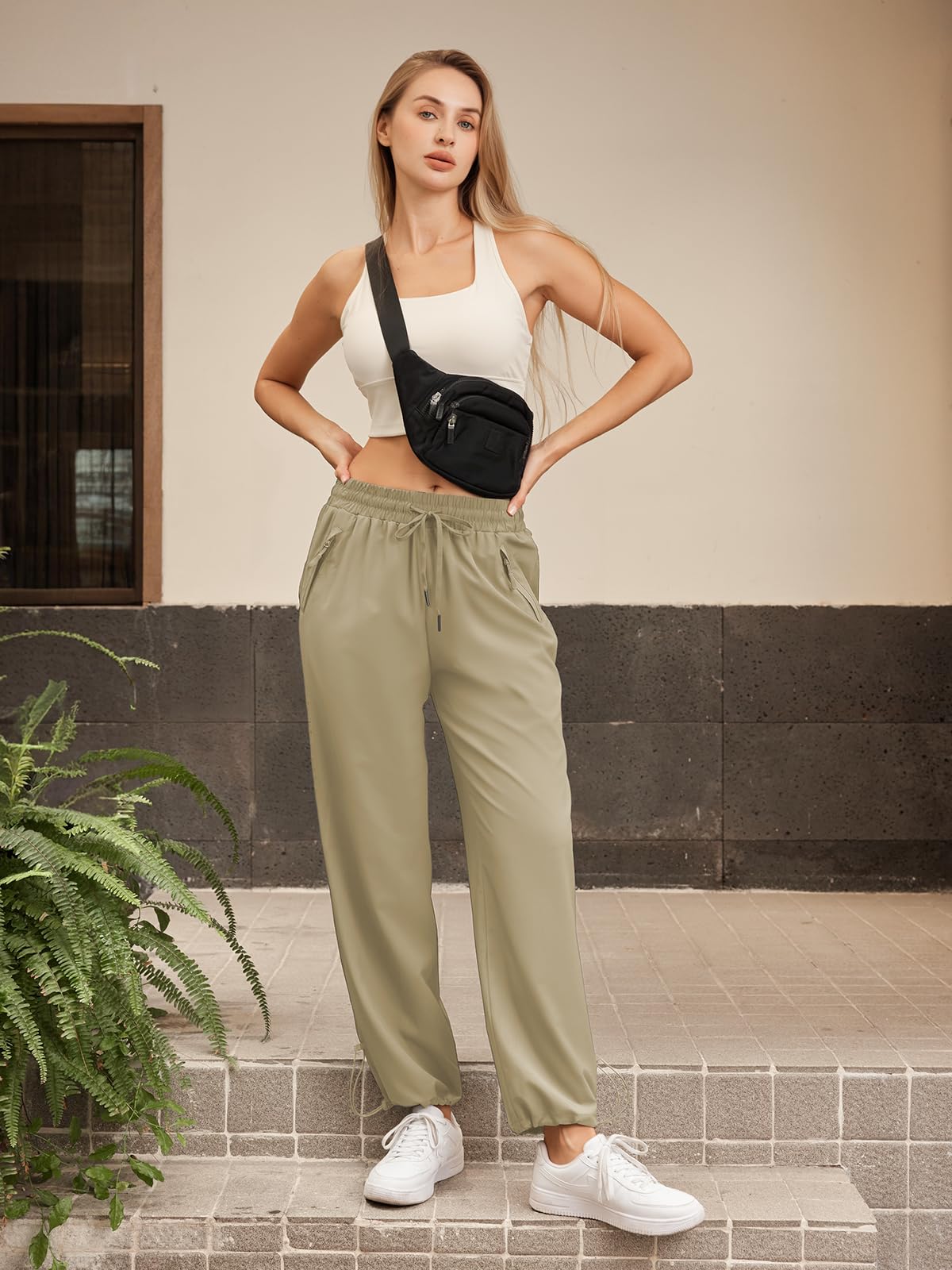 JEKAOYI Womens Athletic Hiking Pants Lightweight Quick Dry Water Resistant Elastic Waist Cargo Pants with Zipper Pockets Khaki