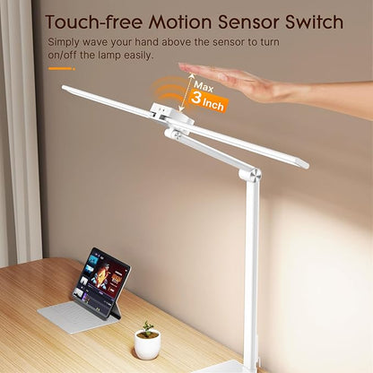 Syrinx Table Lamp, 24W Desk Lamp for Home Office with Gesture Sensor Switch and Touch Control, Eye-Caring Double Head LED Table Lamp with 25 Light Modes Adjustable Desk Light with Metal Base